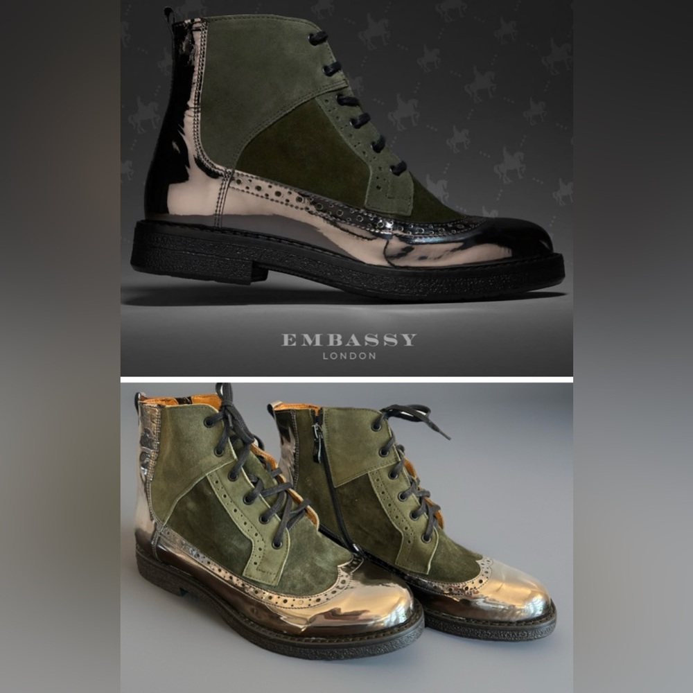 Embassy London Hatter Olive Chrome ankle boots Woman’s Size 41  USA 10 New